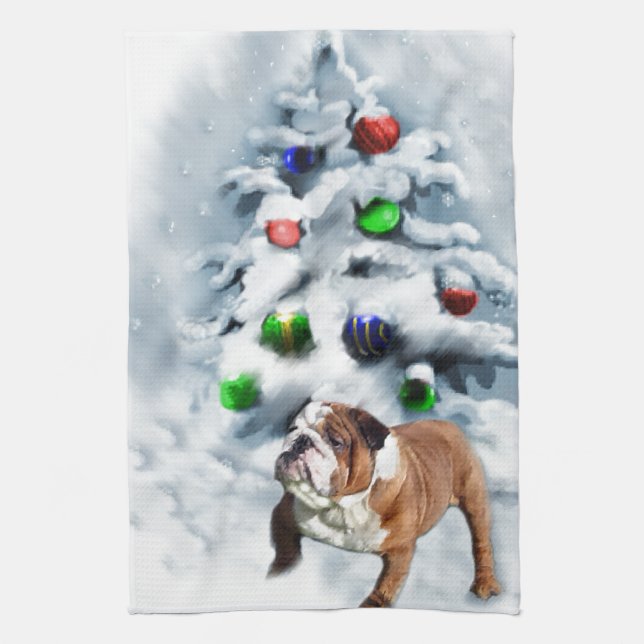 English Bulldog Christmas Kitchen Towel (Vertical)