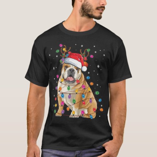 English Bulldog Christmas Reindeer Santa Hat Funny T_Shirt