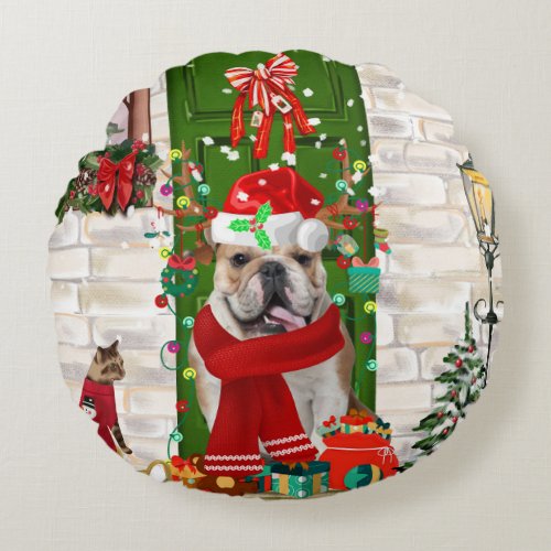 English Bulldog Christmas  Round Pillow