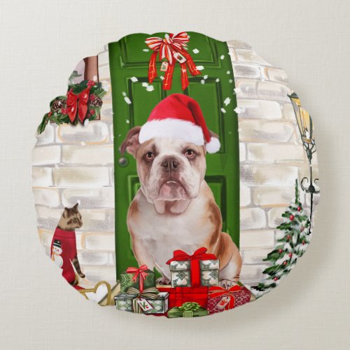 English Bulldog Christmas    Round Pillow