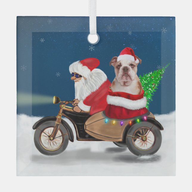 English Bulldog Christmas Santa Claus  Glass Ornament (Front)