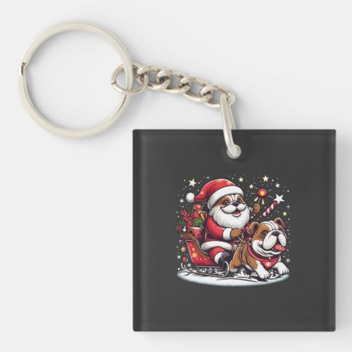 English Bulldog christmas santa claus riding Funny Keychain