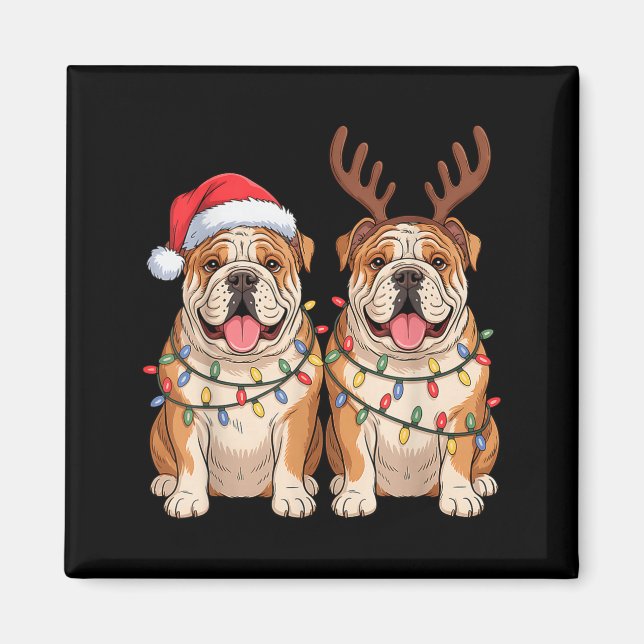 English Bulldog Christmas Santa Hat Reindeer Light Magnet (Front)