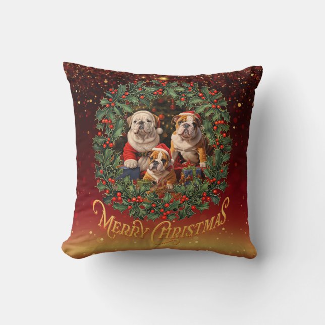 English Bulldog Christmas Throw Pillow (Front)