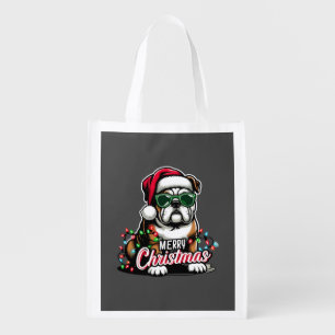 English Bulldog Christmas Tree Lights Santa Dog Grocery Bag