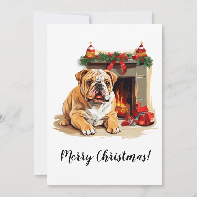 English Bulldog Cozy Fireplace Christmas Card (Front)
