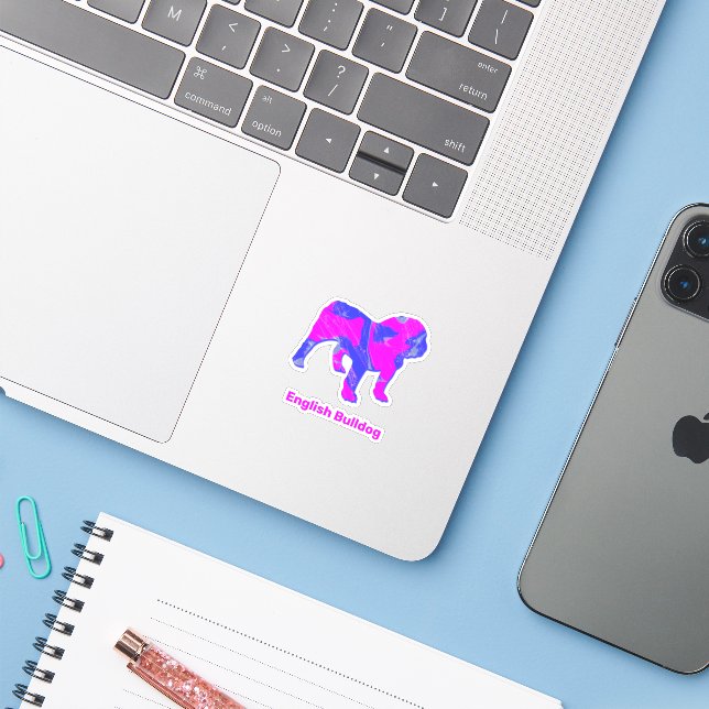 English Bulldog Crazy Hot Pink & Blue Cut Stickers (Laptop w/ iPhone)