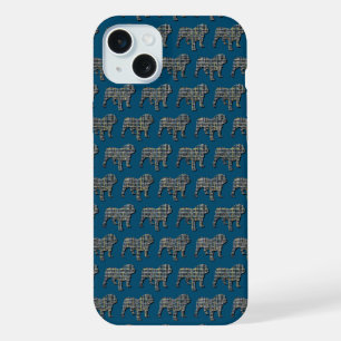 English Bulldog Cute Dog Silhouette Grid Blue iPhone 15 Plus Case