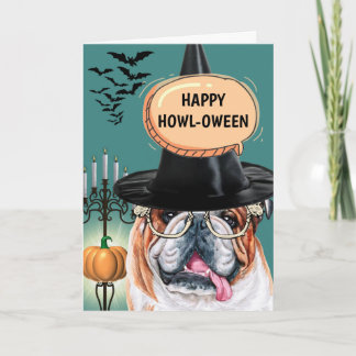 English bulldog cute dog witch happy howloween card