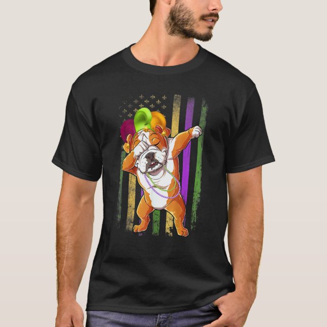 English Bulldog Dabbing American Flag Mardi Gras M T-Shirt (Front)