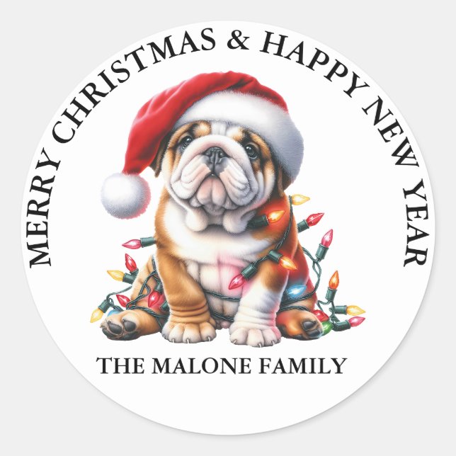 English Bulldog decked out in a Santa hat Classic Round Sticker (Front)