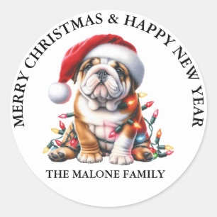 English Bulldog decked out in a Santa hat Classic Round Sticker