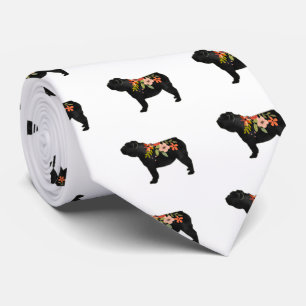 English Bulldog Dog Breed Boho Floral Silhouette Neck Tie