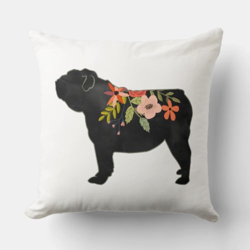 English Bulldog Dog Breed Boho Floral Silhouette Throw Pillow