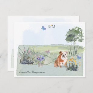 English Bulldog Dog Butterfly Monogram and Name Note Card