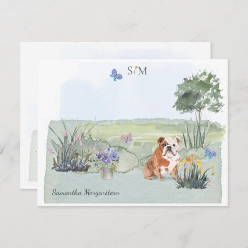 English Bulldog Dog Butterfly Monogram and Name   Note Card