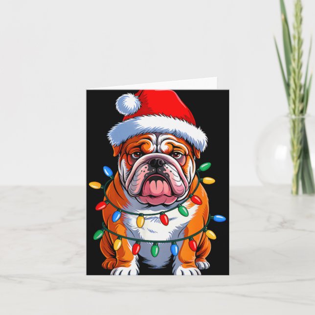 English Bulldog Dog Christmas Lights Santa Hat Xma Card (Front)
