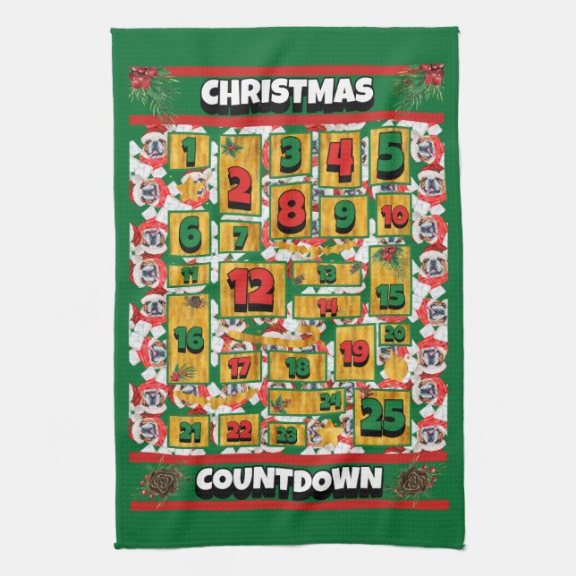 English Bulldog Dog Countdown Christmas Advent Kitchen Towel (Vertical)