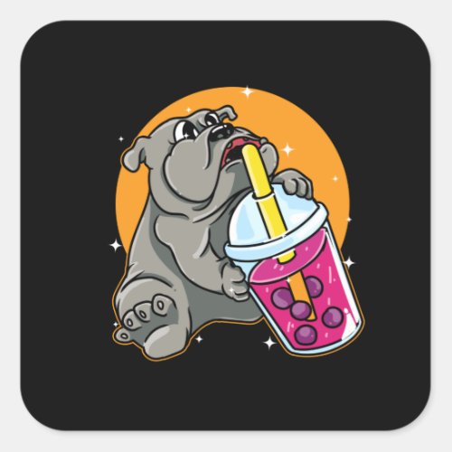 English Bulldog Dog Drinking Boba Tea Square Sticker