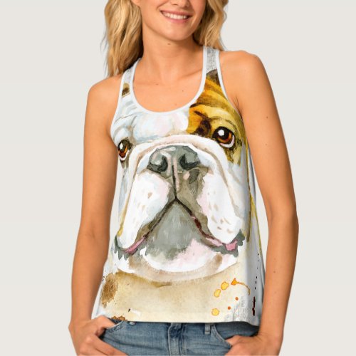 English bulldog dog face watercolor wood art tank top