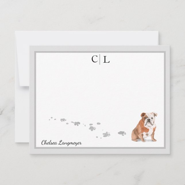 English Bulldog Dog Gray Border Monogram & Name Note Card (Front)