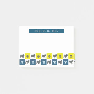 English Bulldog Dog & Paw Yellow & Blue Grid Post-it Notes