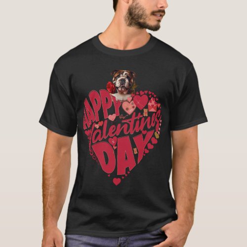 English Bulldog Dog Red Hearts Happy Valentines Da T_Shirt