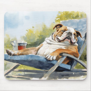 English Bulldog Dog Relaxing In Garden Animal Fun Mouse Pad