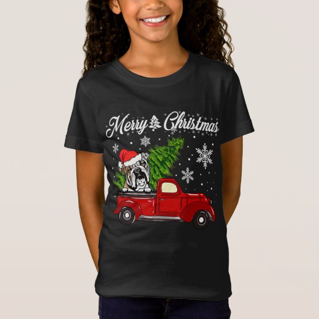 English Bulldog Dog Riding Red Truck Christmas Dec T-Shirt (Front)