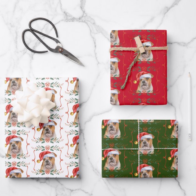 English Bulldog Dog Santa Christmas Wrapping Paper Sheets (Front)