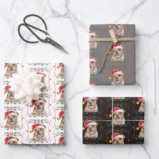 English Bulldog Dog Santa Christmas Wrapping Paper Sheets (Front)