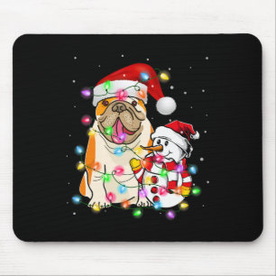 English Bulldog Dog Snowman Santa Hat Lights Mouse Pad