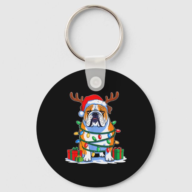 English Bulldog Dog Tree Christmas Lights Funny Xm Keychain (Front)