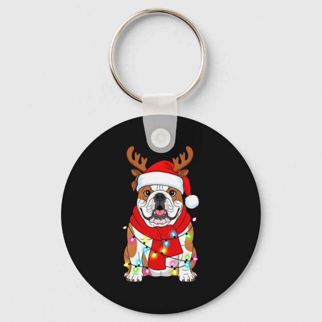 English Bulldog Dog Tree Christmas Lights Xmas Paj Keychain (Front)