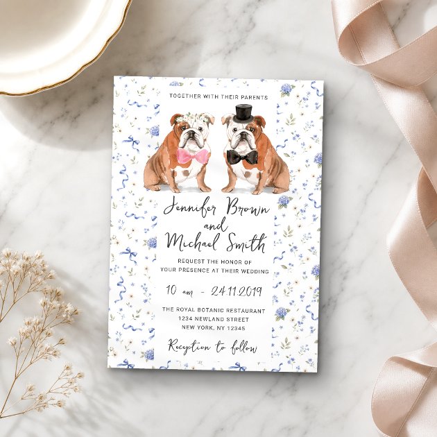 English Bulldog Dogs Lover Navy Flowers Wedding Invitation
