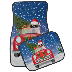 English Bulldog Driving Car In Snow Christmas Car Floor Mat