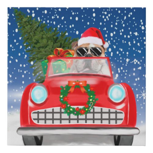 English Bulldog Driving Car In Snow Christmas Faux Canvas Print