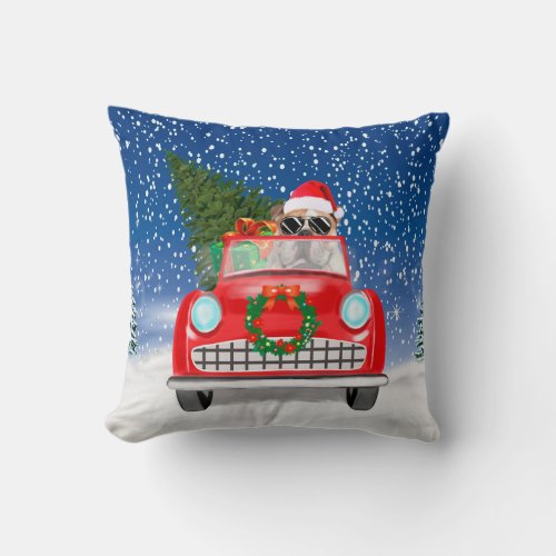 English Bulldog Driving Car In Snow Christmas  Throw Pillow
