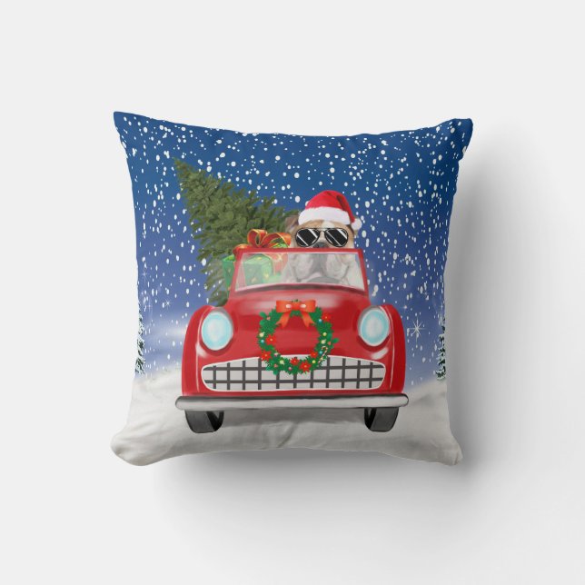 English Bulldog Driving Car In Snow Christmas  Throw Pillow (Front)