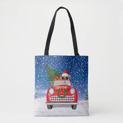 English Bulldog Driving Car In Snow Christmas  Tote Bag
