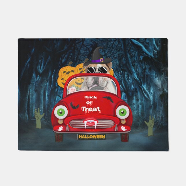 English Bulldog Driving Car Scary Halloween  Doormat (Front)
