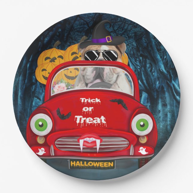 English Bulldog Driving Car Scary Halloween  Paper Plates (Front)