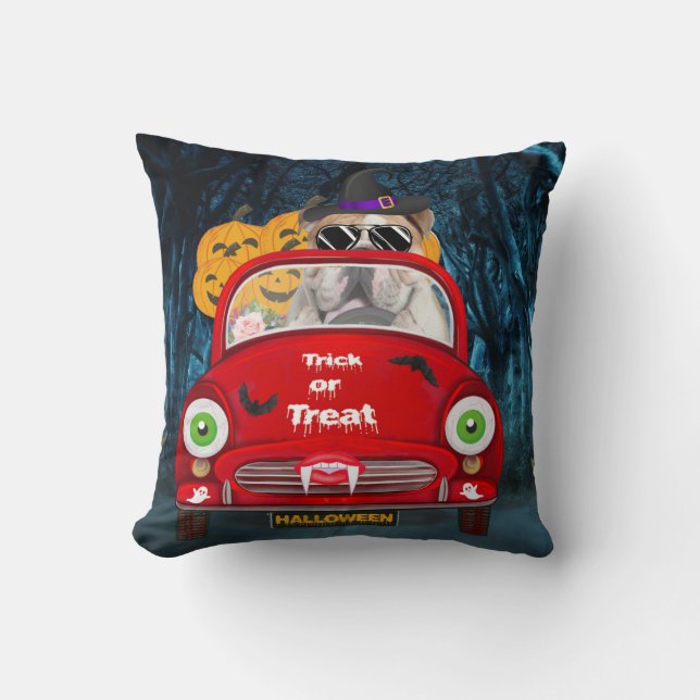 English Bulldog Driving Car Scary Halloween Throw Pillow (Front)