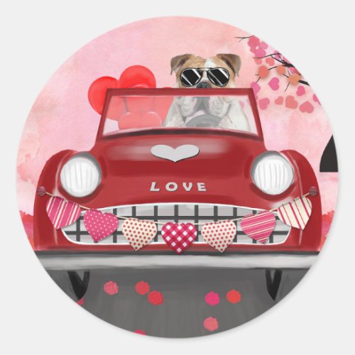 English Bulldog Driving Car with Hearts Valentine Classic Round Sticker