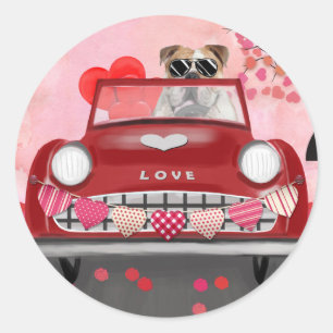 English Bulldog Driving Car with Hearts Valentine' Classic Round Sticker