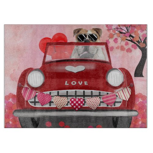 English Bulldog Driving Car with Hearts Valentine Cutting Board