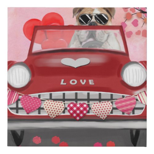 English Bulldog Driving Car with Hearts Valentine Faux Canvas Print