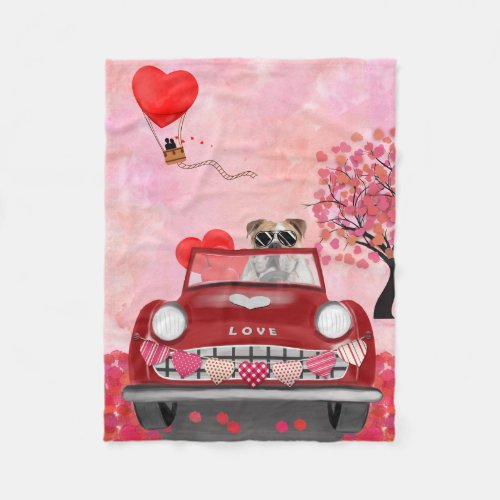 English Bulldog Driving Car with Hearts Valentine Fleece Blanket