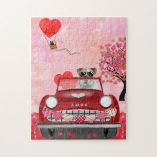 English Bulldog Driving Car with Hearts Valentine' Jigsaw Puzzle