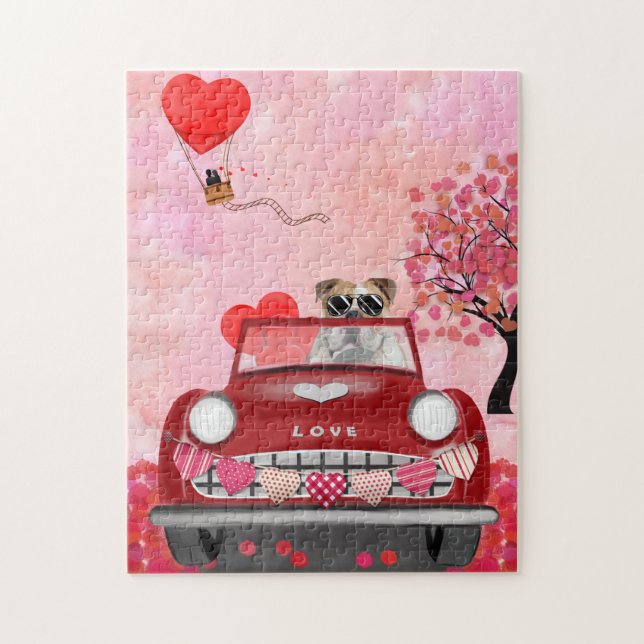 English Bulldog Driving Car with Hearts Valentine' Jigsaw Puzzle (Vertical)